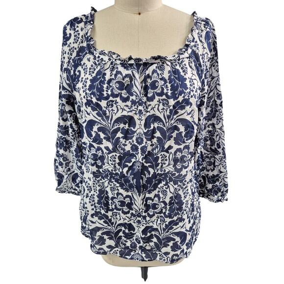 Women’s Opulent Floral Square Neck Top Blouse Ivory & Ink L - Picture 1 of 7